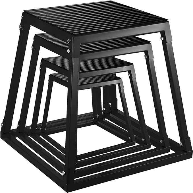 Set of four nested black metal plyometric jump boxes with slatted tops and rectangular frames arranged from largest to smallest.