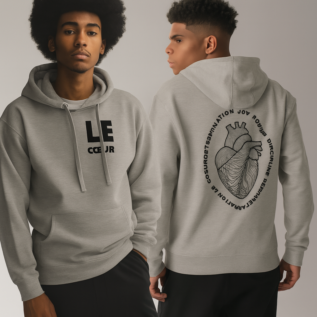 Two young men wearing light gray hoodies; the front hoodie shows bold 'LE' over smaller 'COEUR' on the chest, while the back hoodie displays a detailed anatomical heart illustration encircled by small text.