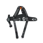 Black adjustable safety harness with padded back panel, two shoulder straps joined by an orange triangular connector, a wide waist belt with metal buckles, and two long leg straps ending in D-ring attachments