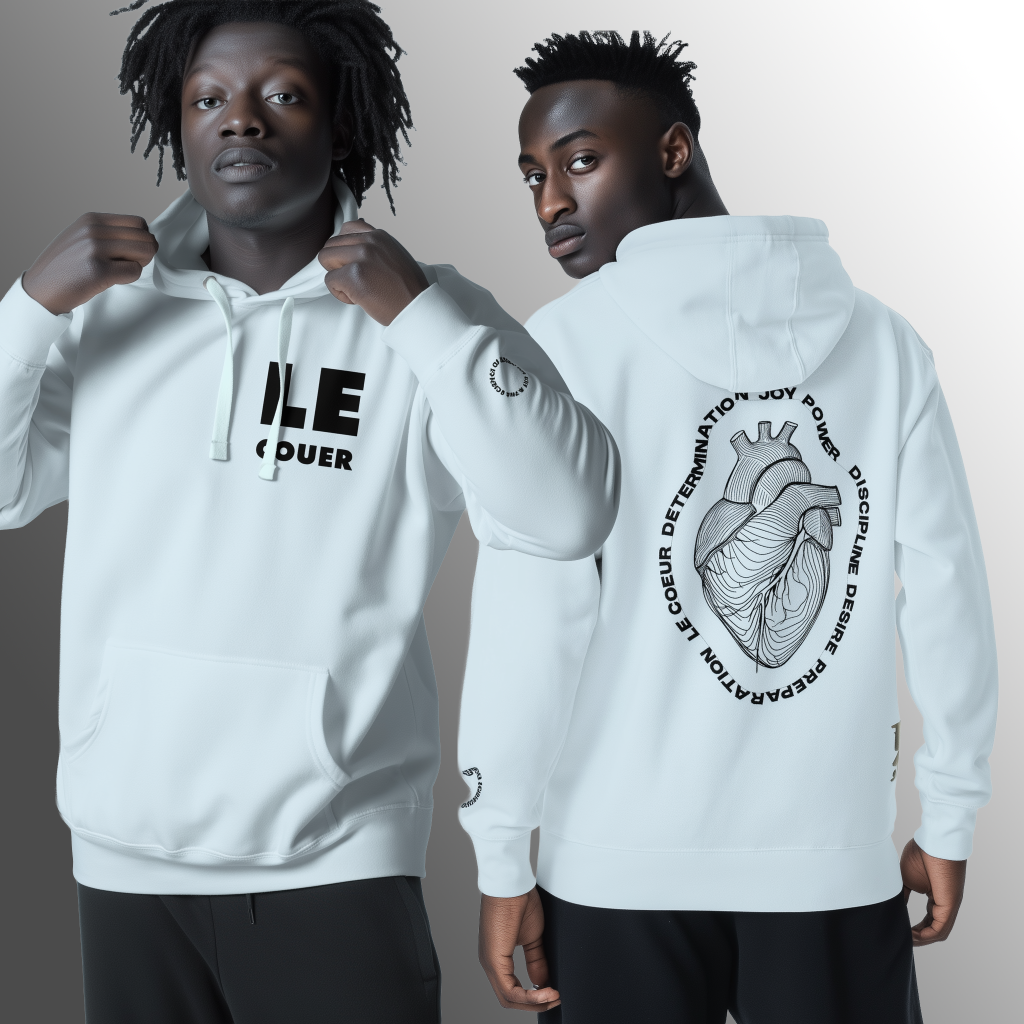 Two young men model white hoodies against a neutral gradient background, one facing forward pulling his hood with bold black chest text reading LE COEUR and the other turned to reveal a large black line‑art anatomical heart on the back surrounded by words like determination, joy, power, discipline and desire. LE COUR back and front blue 3 modeled by athletes