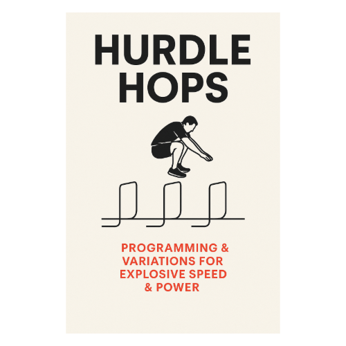 Book cover reading HURDLE HOPS in large black letters above a silhouette of an athlete crouched mid-jump over three stylized hurdles, with the red subtitle PROGRAMMING & VARIATIONS FOR EXPLOSIVE SPEED & POWER on a light beige background.