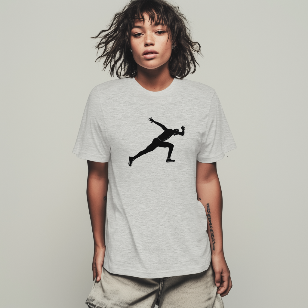 Young person with tousled dark hair wearing a light gray T-shirt printed with a black silhouette of a sprinter in mid-stride, standing against a plain light background.