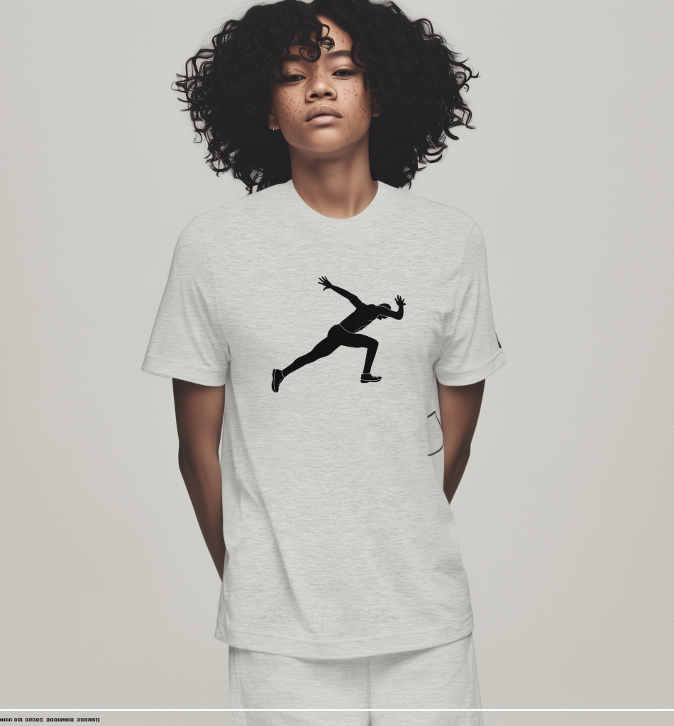 Person with curly dark hair and freckles standing with hands behind their back, wearing a light gray T-shirt printed with a black silhouette of a sprinter in mid-stride on the chest against a plain light background.