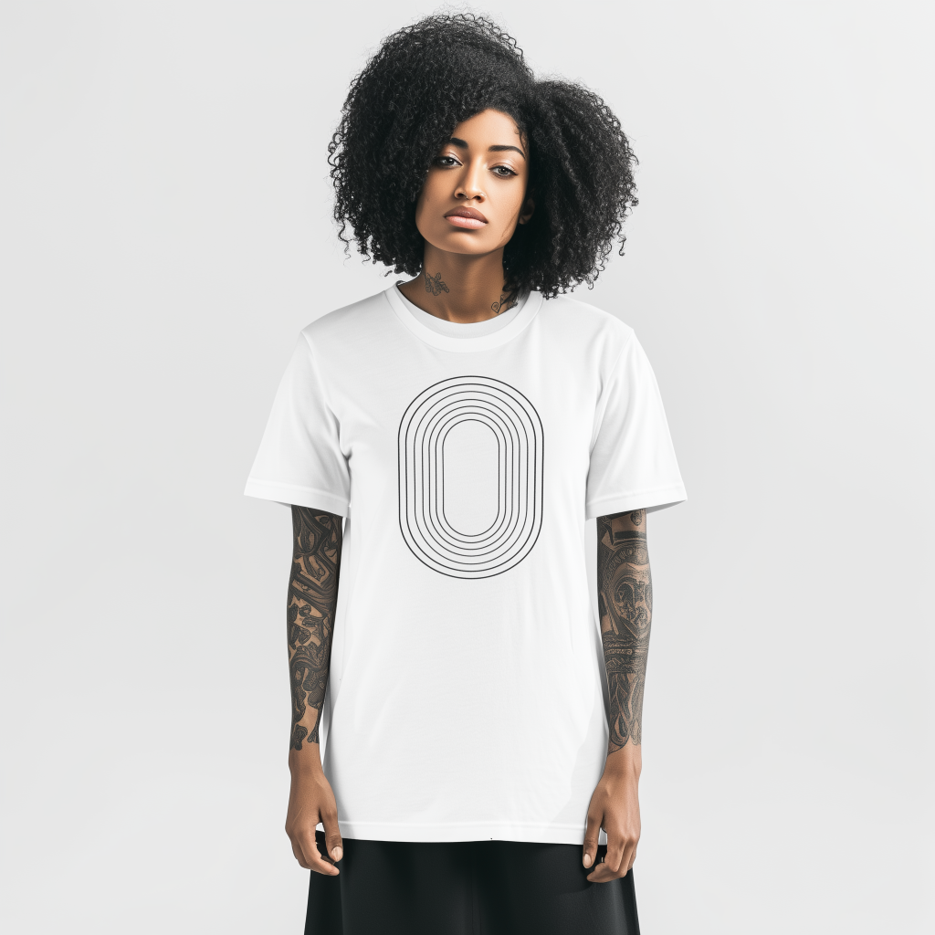Young woman with voluminous curly hair stands against a light gray background wearing a white T-shirt with a black concentric oval design, showing full-sleeve tattoos on both arms and a small neck tattoo, hands relaxed at her sides.