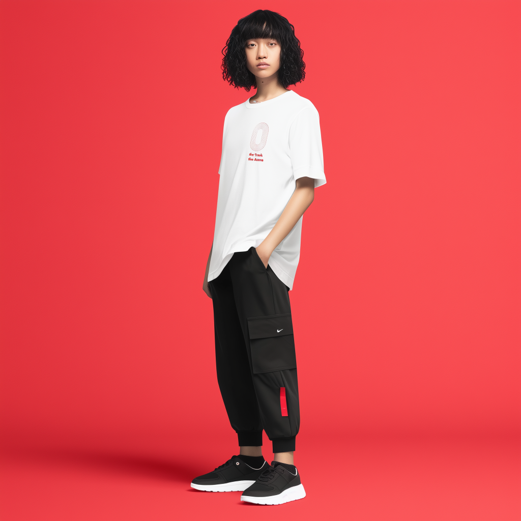 Person with shoulder-length curly black hair standing against a solid red background with hands in pockets, wearing an oversized white T-shirt featuring a circular '0' graphic and small red text, black cargo jogger pants with a pocket logo and red tab, and black sneakers with white soles.