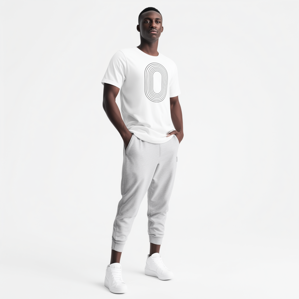 Person standing against a plain white background with hands in pockets, wearing a white T-shirt printed with stacked concentric oval lines, light gray jogger pants, and white sneakers.