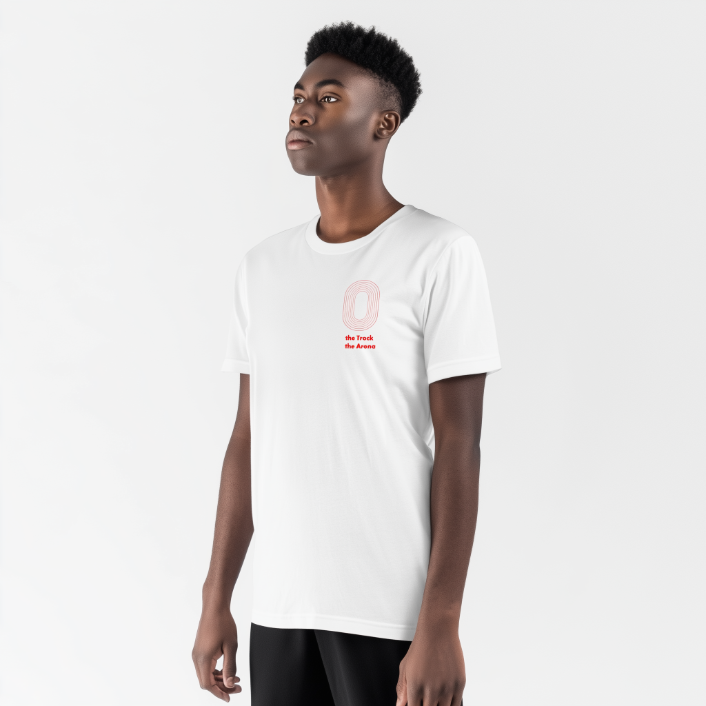 Young man wearing a white t-shirt with a small red outlined '0' and red text on the left chest, standing against a plain white background and looking slightly upward.