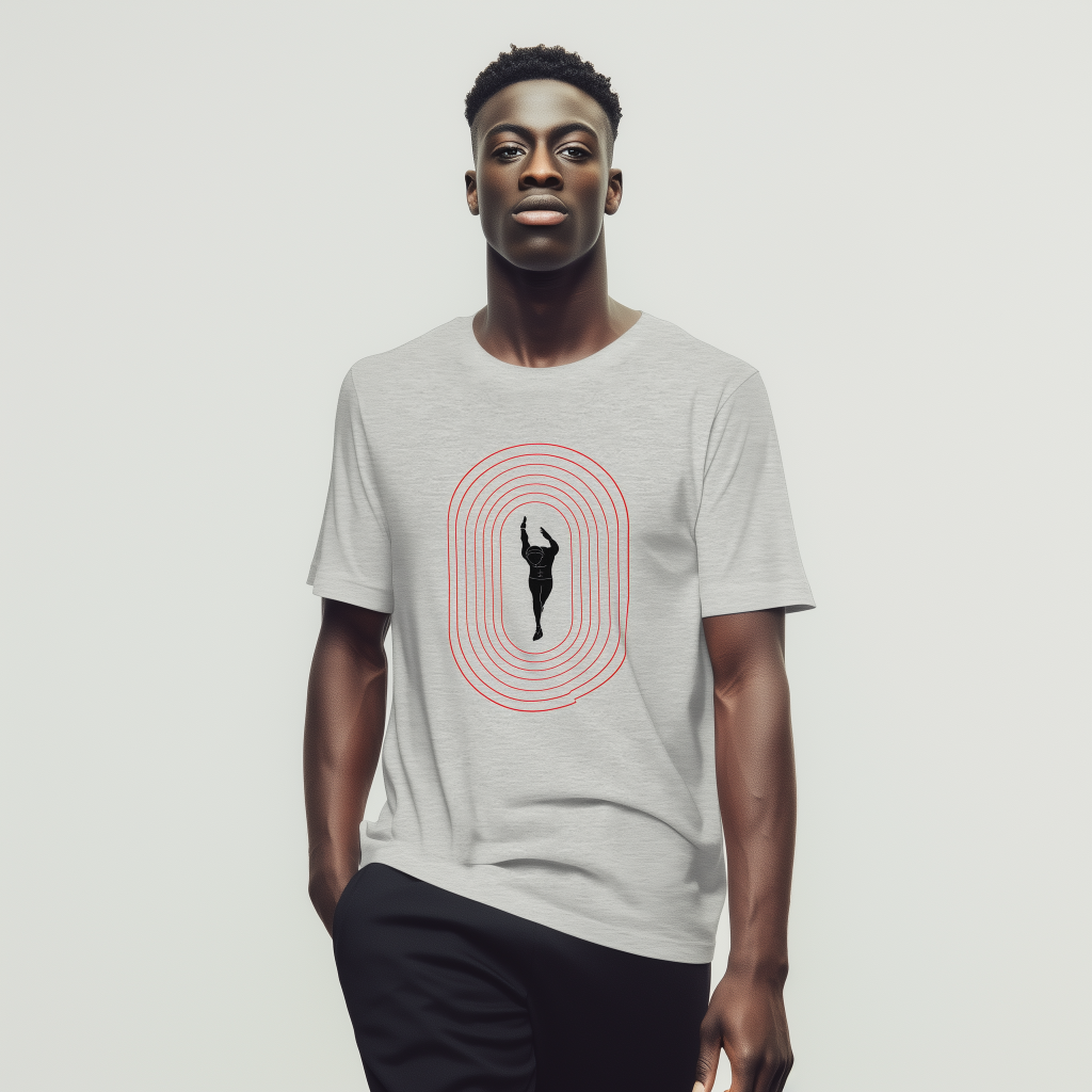 Young man standing against a pale background with hands in his pockets, wearing a light gray T-shirt that shows red concentric ovals framing a black silhouette of a runner with raised arms.