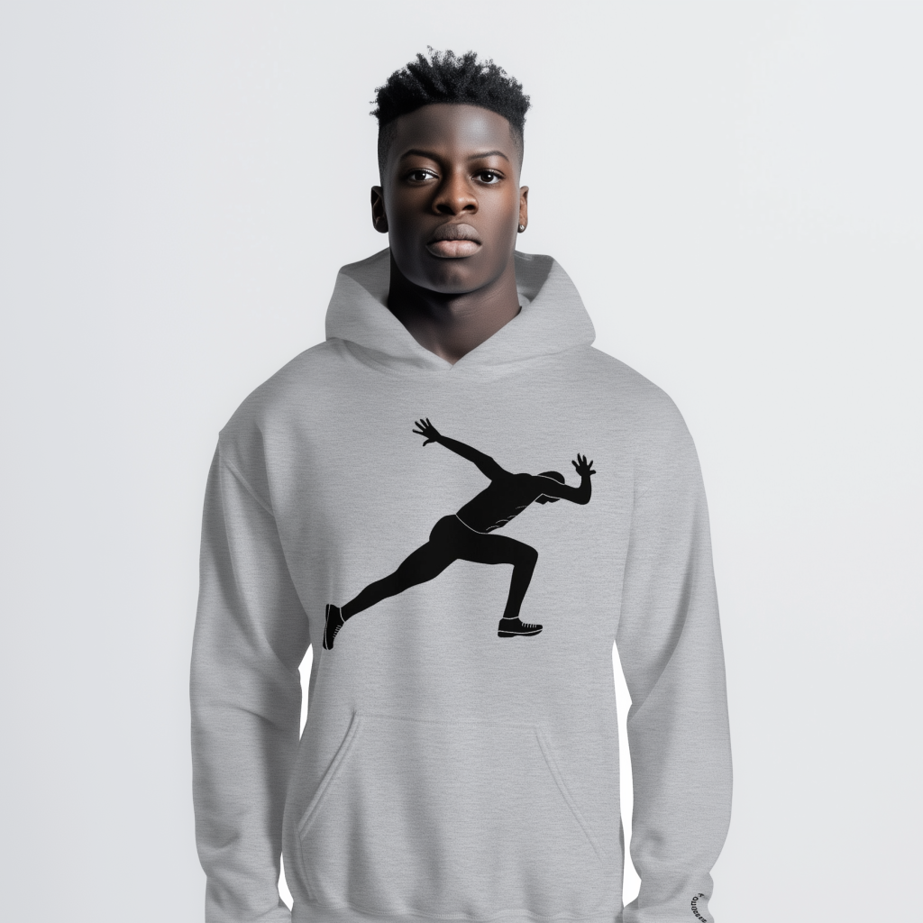 Young man with short textured hair facing forward wears a light gray hoodie printed with a large black silhouette of a sprinter in mid-stride against a plain white background.