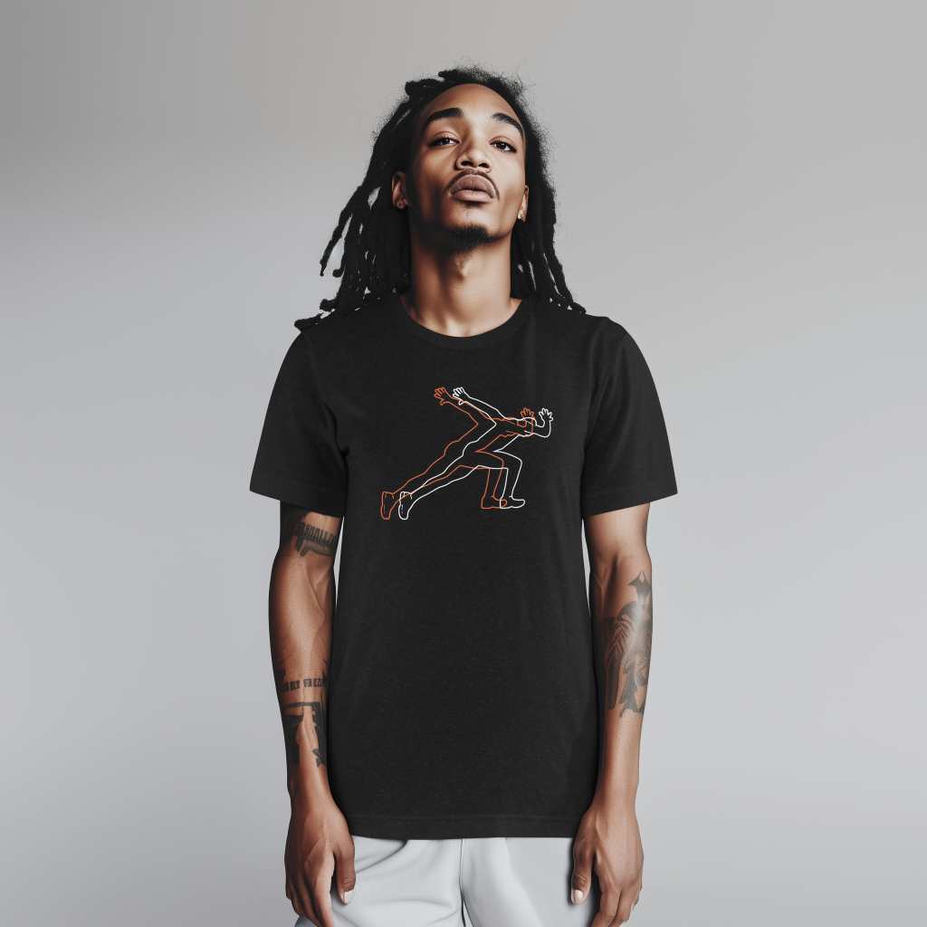 dual sprint tee in black modeled by lean athletic sprinter