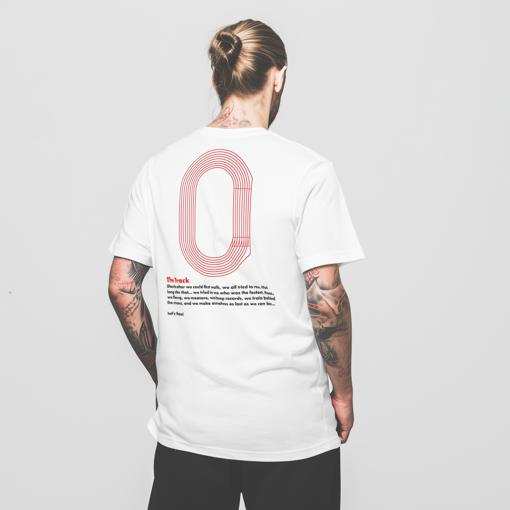 Rear view of a person with a man bun and neck tattoo wearing a white T‑shirt printed with a large red multi-line oval track graphic and small black-and-red text near the lower back, showing tattooed arms against a light gray background.