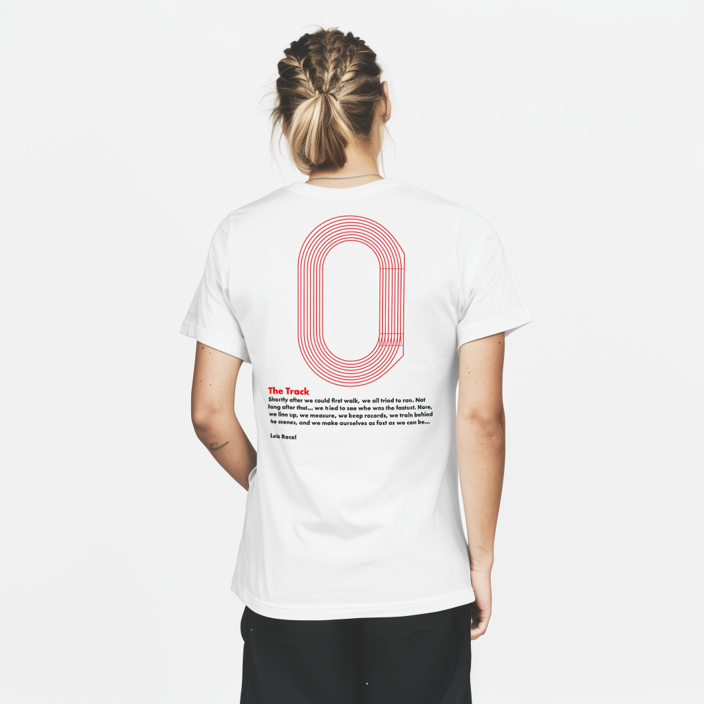 Rear view of a person with braided hair tied into a low ponytail wearing a white T-shirt that has a large red oval track graphic and a small block of printed text titled “The Track” on the back, against a plain white background.