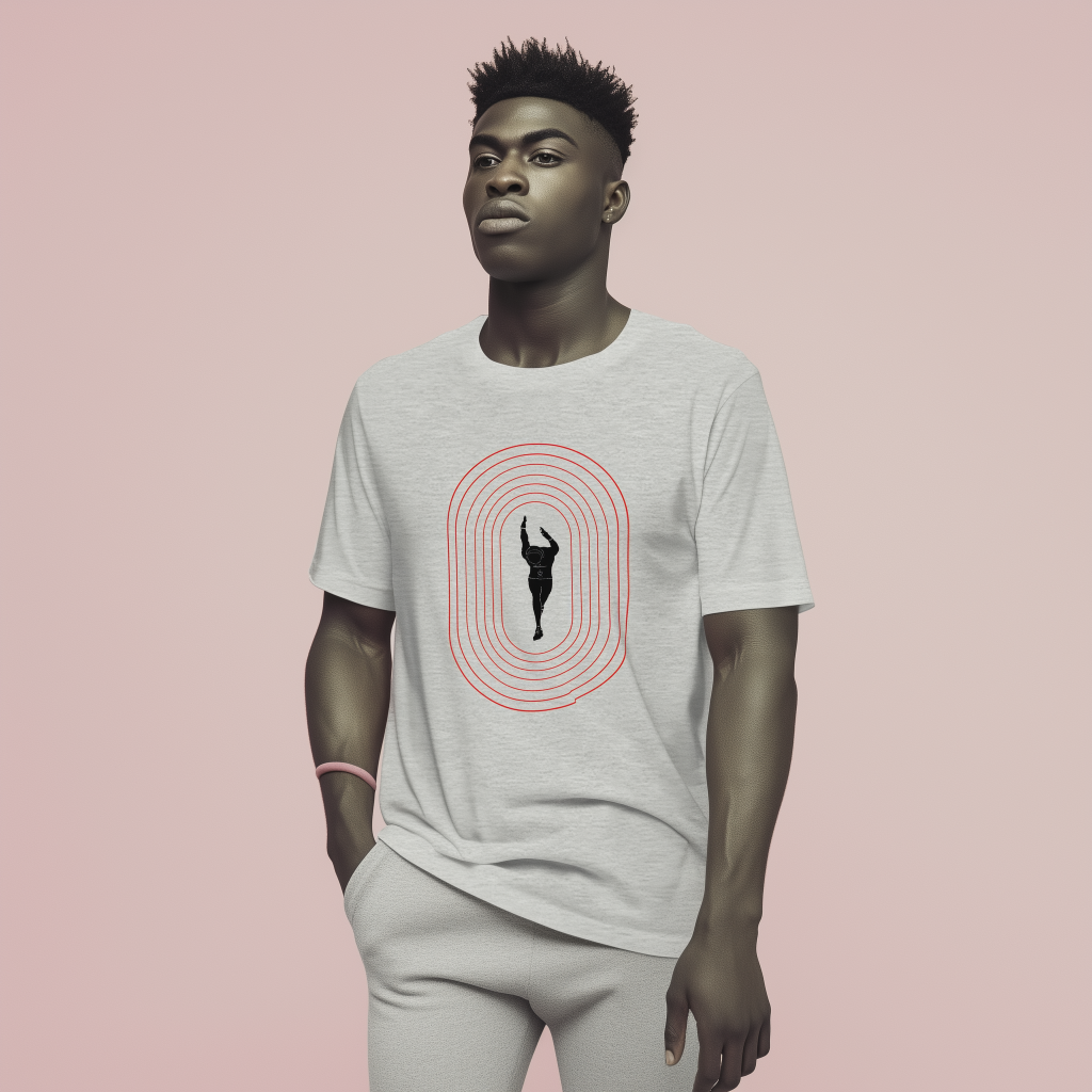Young man with short textured hair stands against a pale pink background, wearing a light gray t-shirt printed with red concentric ovals surrounding a small black silhouette of a runner with raised arms, light gray pants, a pink wristband on his left wrist, and one hand in his pocket while gazing slightly upward.