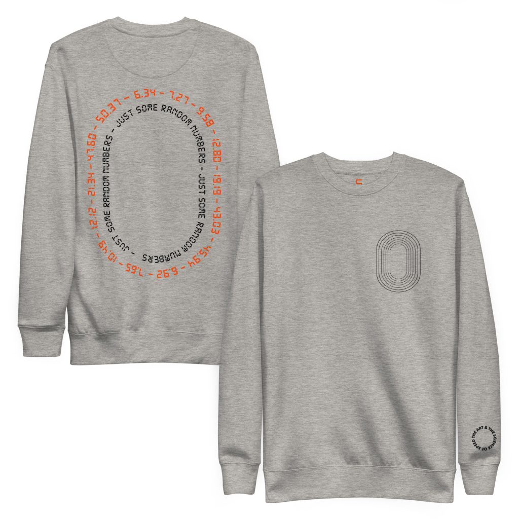 Grey crewneck sweatshirt shown front and back; front has a small concentric oval graphic on the chest and a small circular text logo near the sleeve cuff, while the back features a large concentric oval with black inner rings and orange numbers and the phrase JUST SOME RANDOM NUMBERS circling the outer ring.