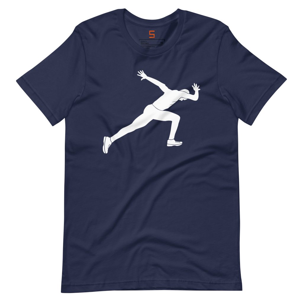 Navy blue crew-neck T-shirt laid flat with a large white silhouette of a sprinter sprinting
