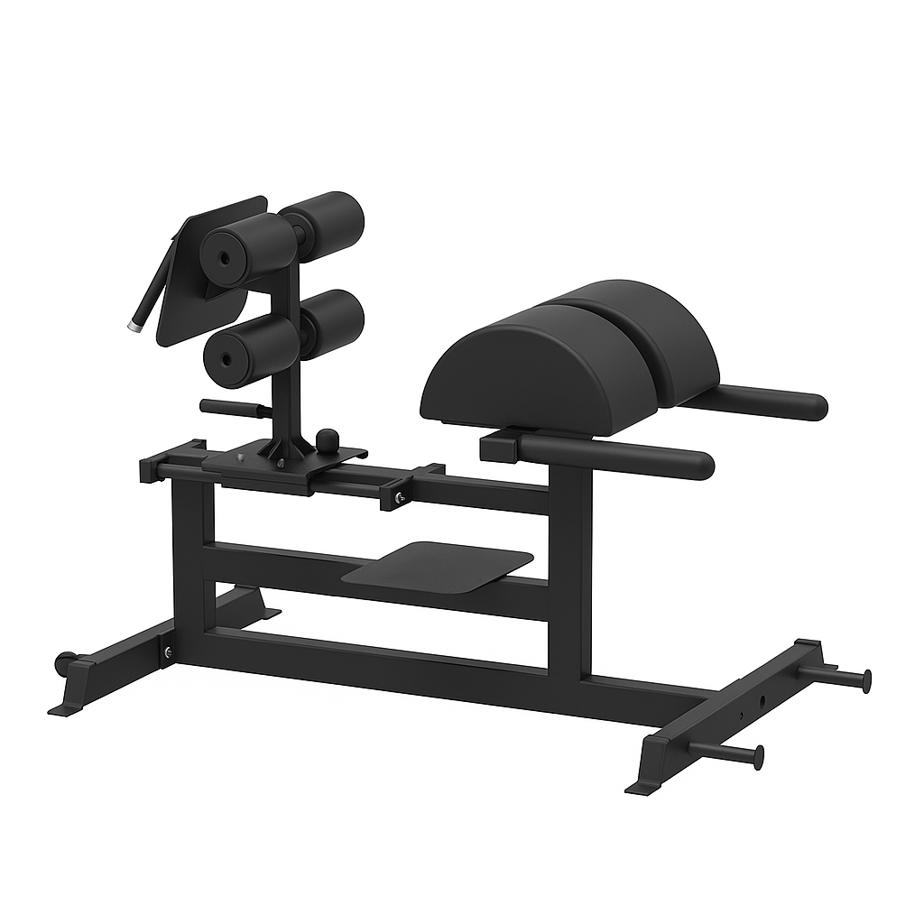 Black glute-ham developer exercise machine with curved padded hip pads, multiple cylindrical rollers, a footplate and sturdy rectangular metal frame on a white background